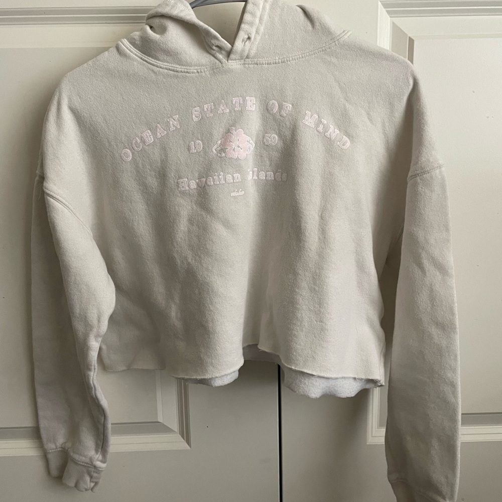 White Cropped Hoodie with Pink Graphic